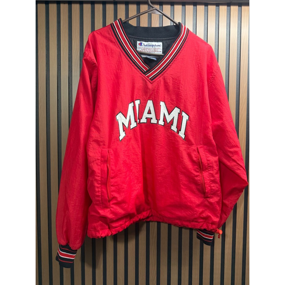 Champion Miami Pullover Windbreaker Red V-Neck Nylon Jacket Mens Small